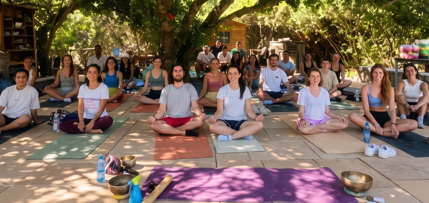 Grupo sentado sobre mats bajo los árboles en una sesión de meditación en Cerdeña